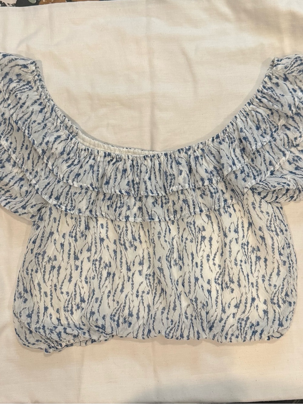Pookie & Sebastian Women's Blue and White Ruffle Off-Shoulder Top size medium